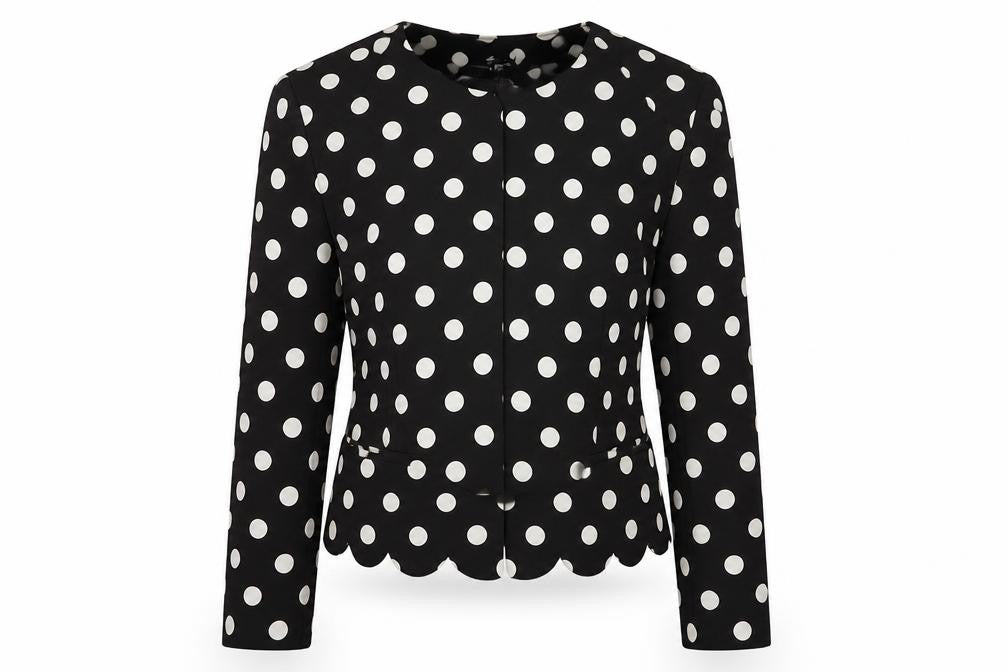 Front view of Atmosphere women’s black polka dot rayon jacket, size UK 8
