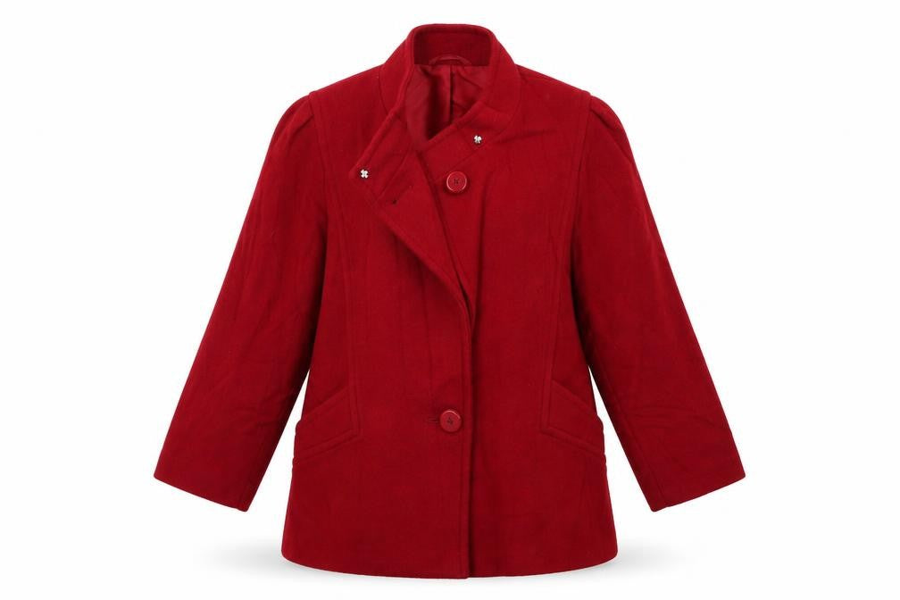 Front view of Preworn women’s red overcoat coat, size M