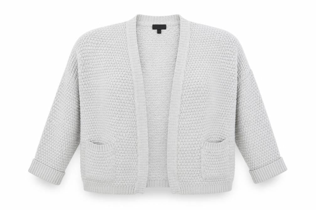 Front view of Topshop women’s grey knit cardigan jumper, size UK 10