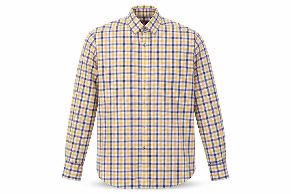 Front view of Thomas & CO. men’s multicoloured check button-up, size 15.5