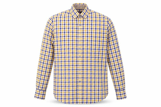 Front view of Thomas & CO. men’s multicoloured check button-up, size 15.5
