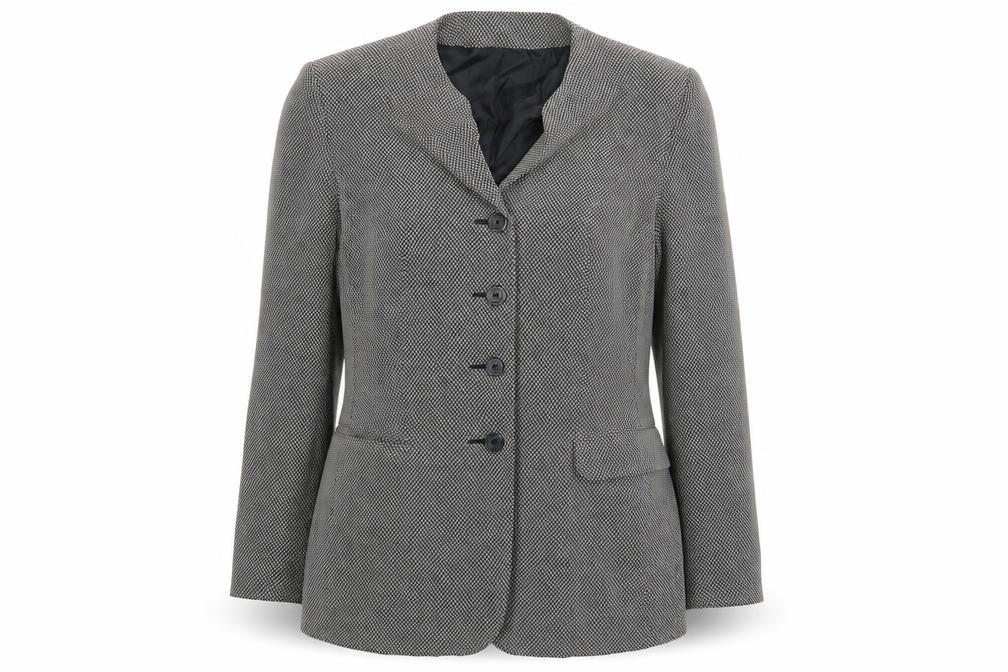 Front view of Preworn women’s black polka dot jacket blazer, size UK 12