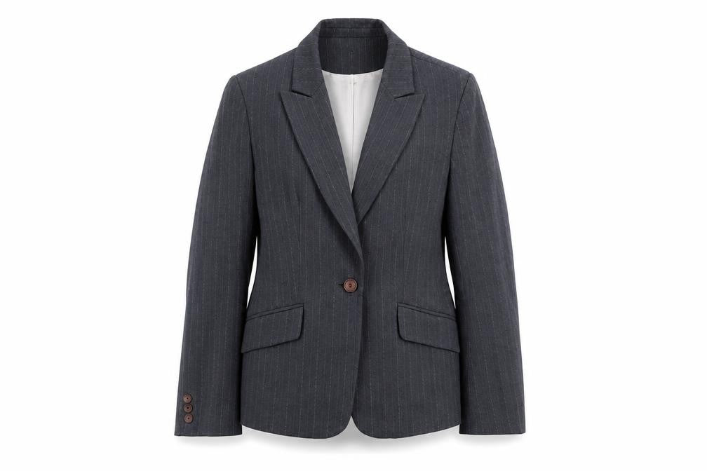 Front view of Debenhams women’s grey striped jacket blazer, size UK 10