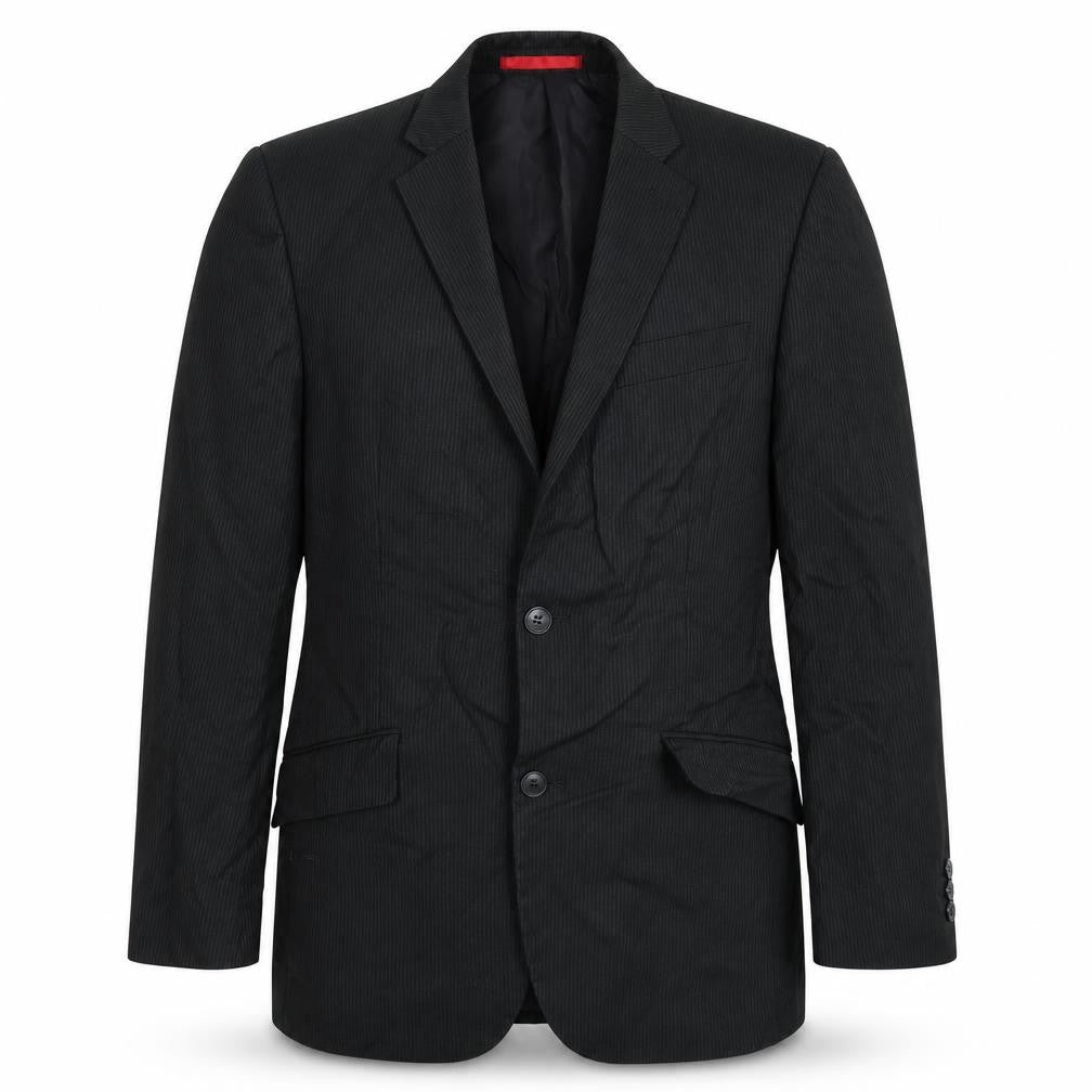 Front view of Burton men’s black striped jacket suit jacket, size 36