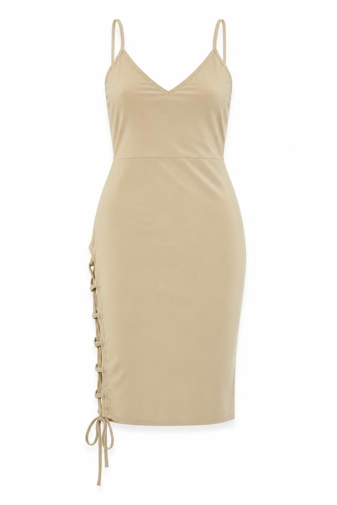 Front view of Boohoo women’s beige colourblock a-line, size UK 6