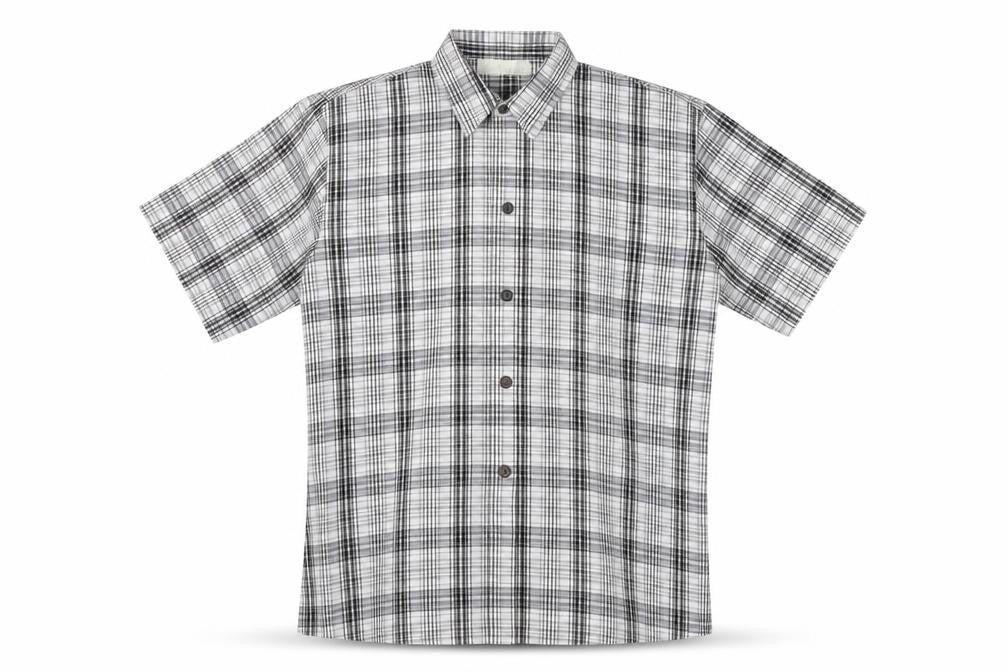 Front view of Christopher Marcus men’s black check button-up, size XL