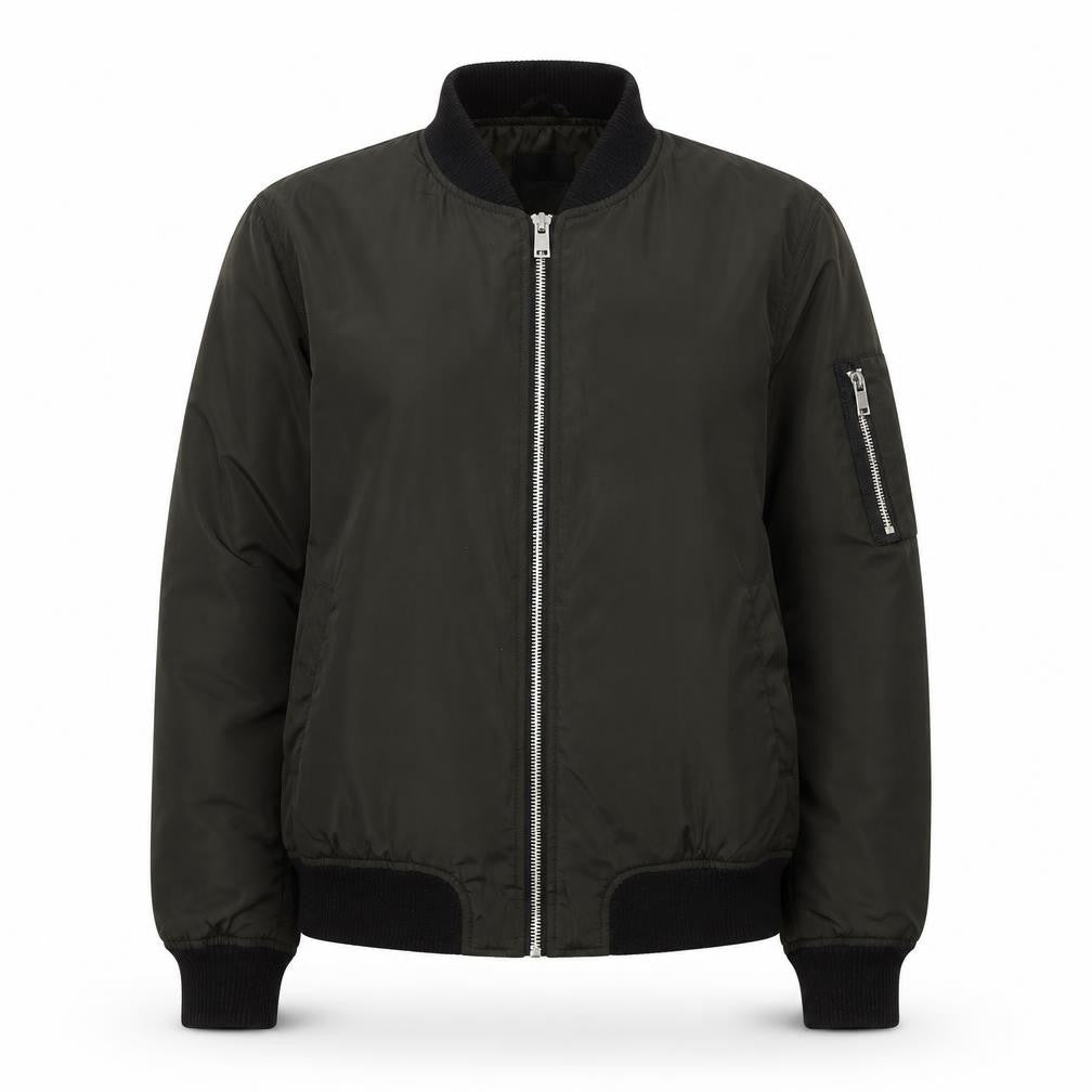 Front view of New Look women’s green bomber jacket coat, size UK 10