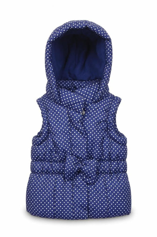 Front view of Matalan girls’ blue polka dot gilet coat, size 3-6, months
