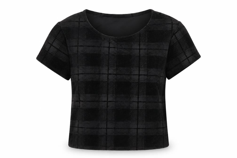 Front view of Preworn women’s black check basic t-shirt, size UK 8