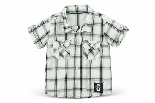 Front view of H&M boys’ green plaid basic button-up, size 12, months