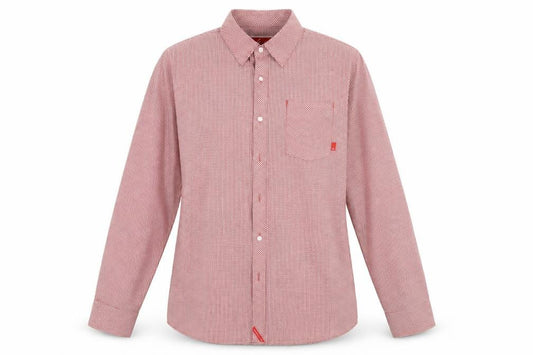 Front view of SOLE women’s red check basic button-up, size XL