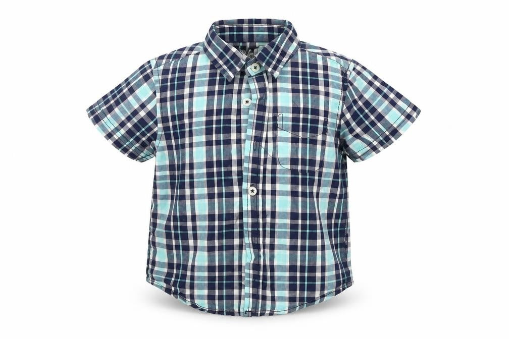 Front view of Primark girls’ blue check basic t-shirt, size 12-18, months