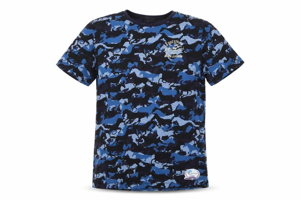 Front view of H&M girls’ blue camouflage basic t-shirt, size M, - showjumping
