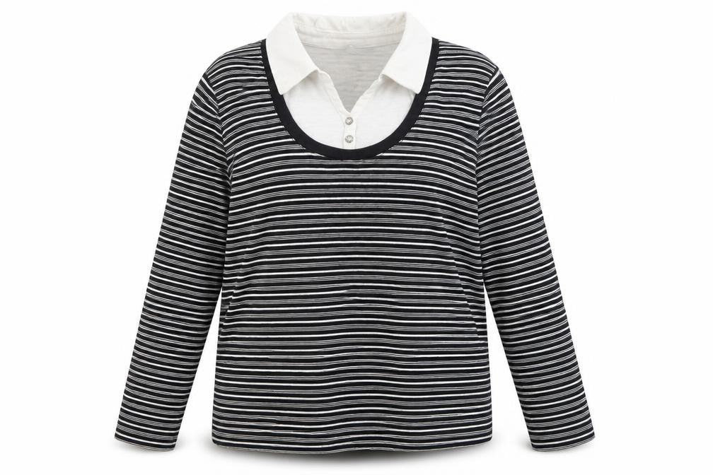Front view of Bonmarché women’s black striped jumper, size L