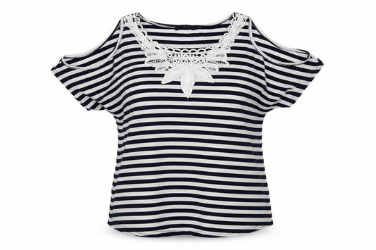 Front view of Quiz women’s blue striped basic blouse, size UK 16