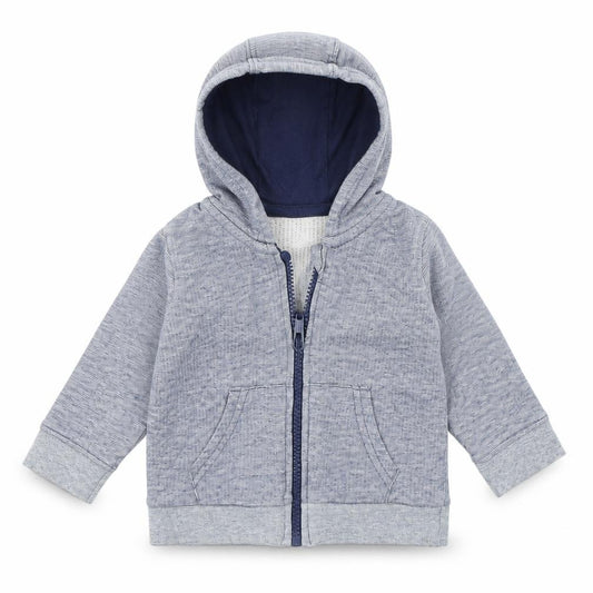 Front view of George boys’ blue jacket, size 0-3, months