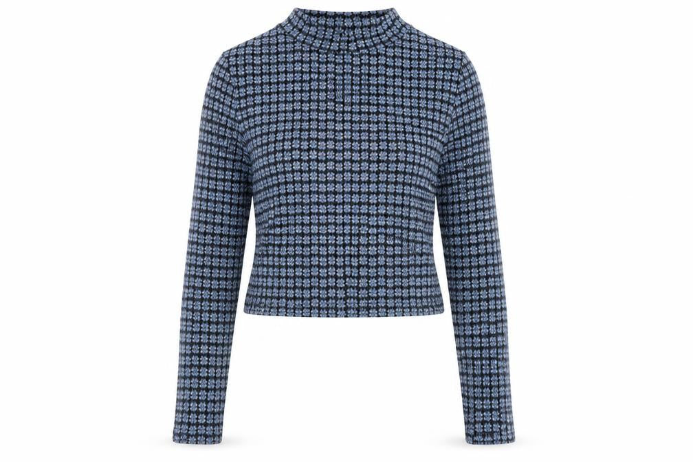 Front view of Topshop women’s blue geometric jumper, size UK 12