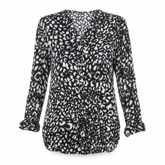 Front view of F&F women’s beige animal print basic blouse, size UK 6