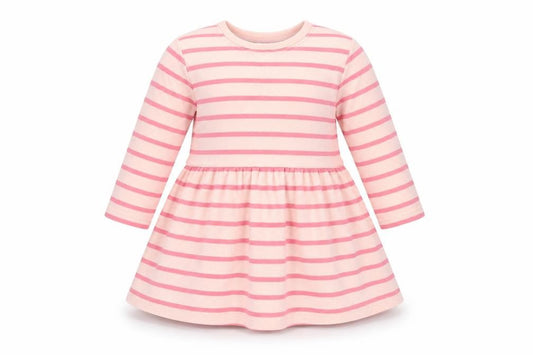 Front view of Next girls’ pink striped a-line, size 3-6, months