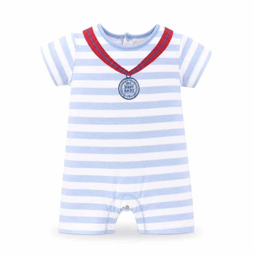 Front view of mamas & papas Baby Blue Striped Romper One-Piece, size 3-6, Months