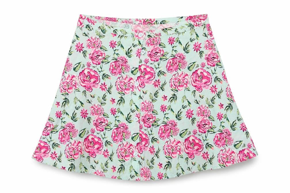 Front view of H&M women’s green floral flare skirt, size UK 6