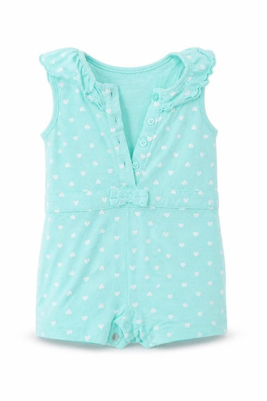 Front view of Made with love girls’ blue shorts one-piece, size 9-12, months