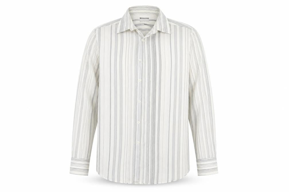 Front view of Burton men’s white striped button-up, size L