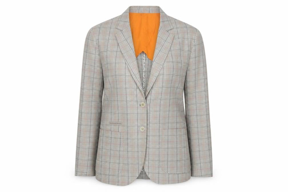 Front view of Luigi Spago women’s beige check jacket blazer, size M
