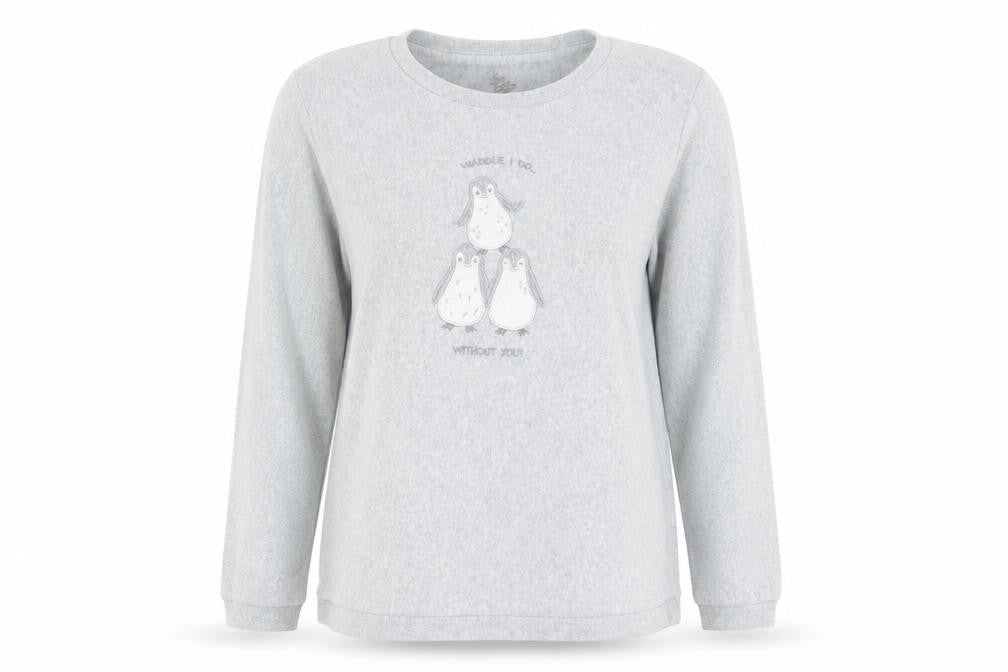 Front view of Love To Lounge women’s grey solid babydoll pyjama top, size M, - penguins