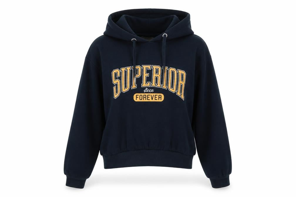 Front view of Divided women’s blue pullover hoodie, size S, - superior since forever
