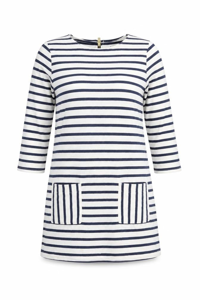 Front view of Topshop women’s white striped jumper, size UK 8