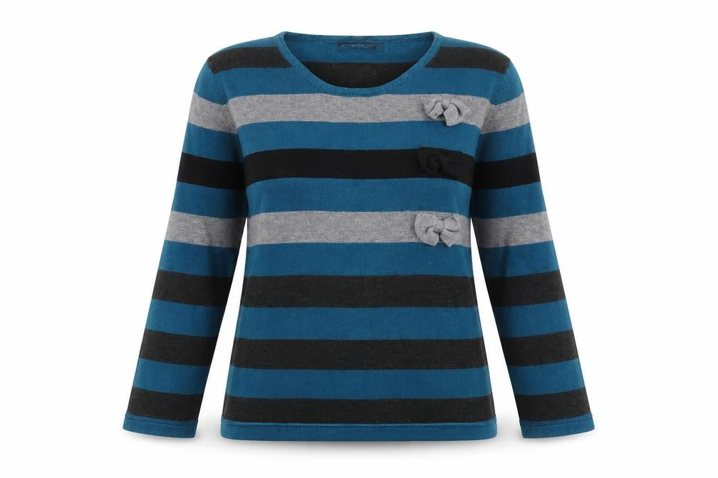 Front view of Elegance women’s blue striped jumper, size M