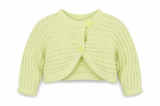 Front view of tout petits girls’ yellow cardigan jumper, size 6-9, months