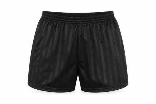 Front view of Preworn women’s black striped athletic shorts, size UK 34