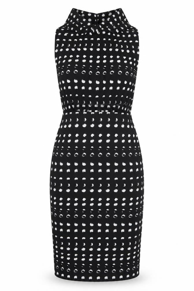 Front view of Next women’s black polka dot pencil dress, size UK 8