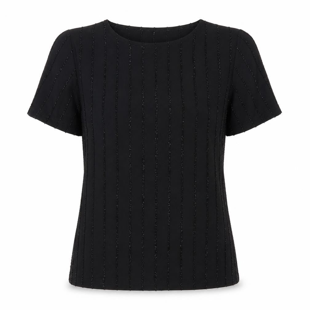 Front view of Saloos women’s black striped basic t-shirt, size M