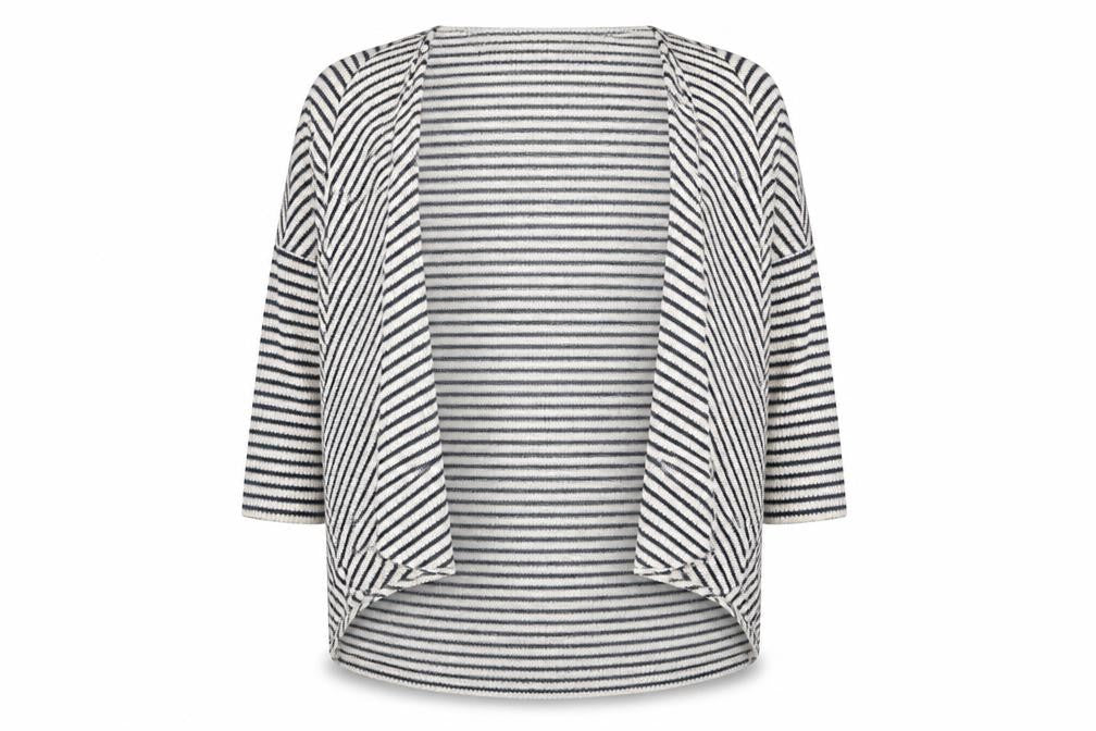Front view of Papaya women’s blue striped cardigan jumper, size UK 14