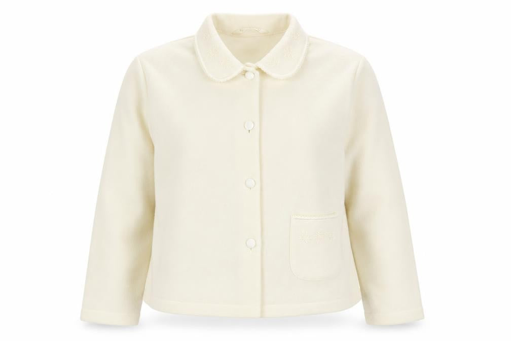 Front view of EWM women’s ivory fleece jacket, size UK 14