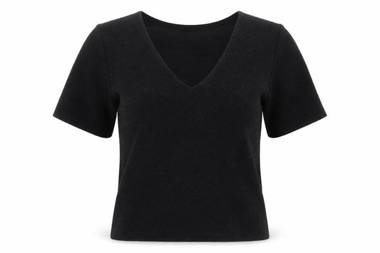 Front view of ASOS women’s black basic t-shirt, size UK 8