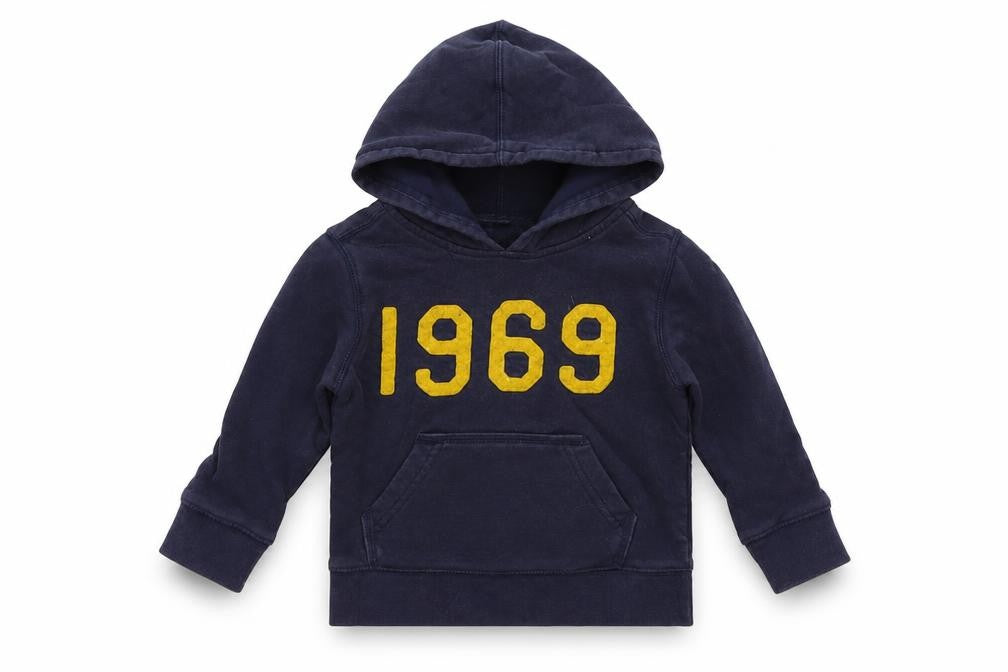Front view of Gap boys’ blue jersey pullover hoodie, size 3, years - 1969