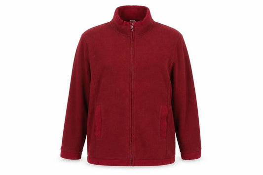 Front view of Anne De Lancay women’s red fleece jacket, size UK 18