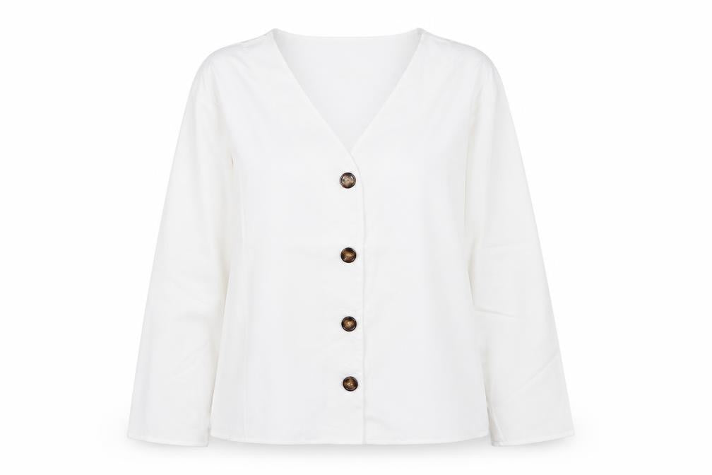 Front view of Preworn women’s white basic button-up, size L