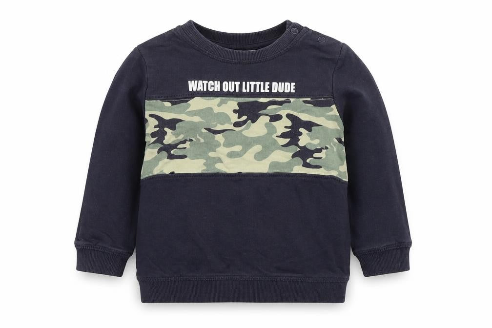Front view of so cute boys’ grey colourblock jumper, size 12-18, months