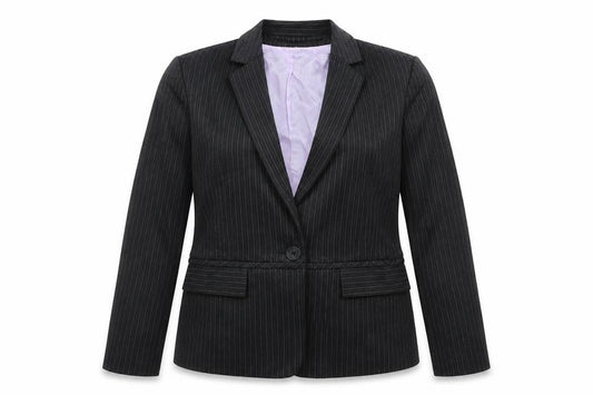 Front view of Warehouse women’s grey striped jacket suit jacket, size UK 14
