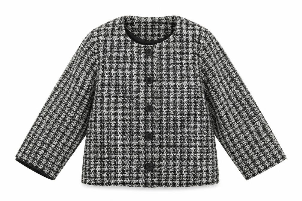 Front view of Bonmarché women’s multicoloured check knit jacket blazer, size UK 16