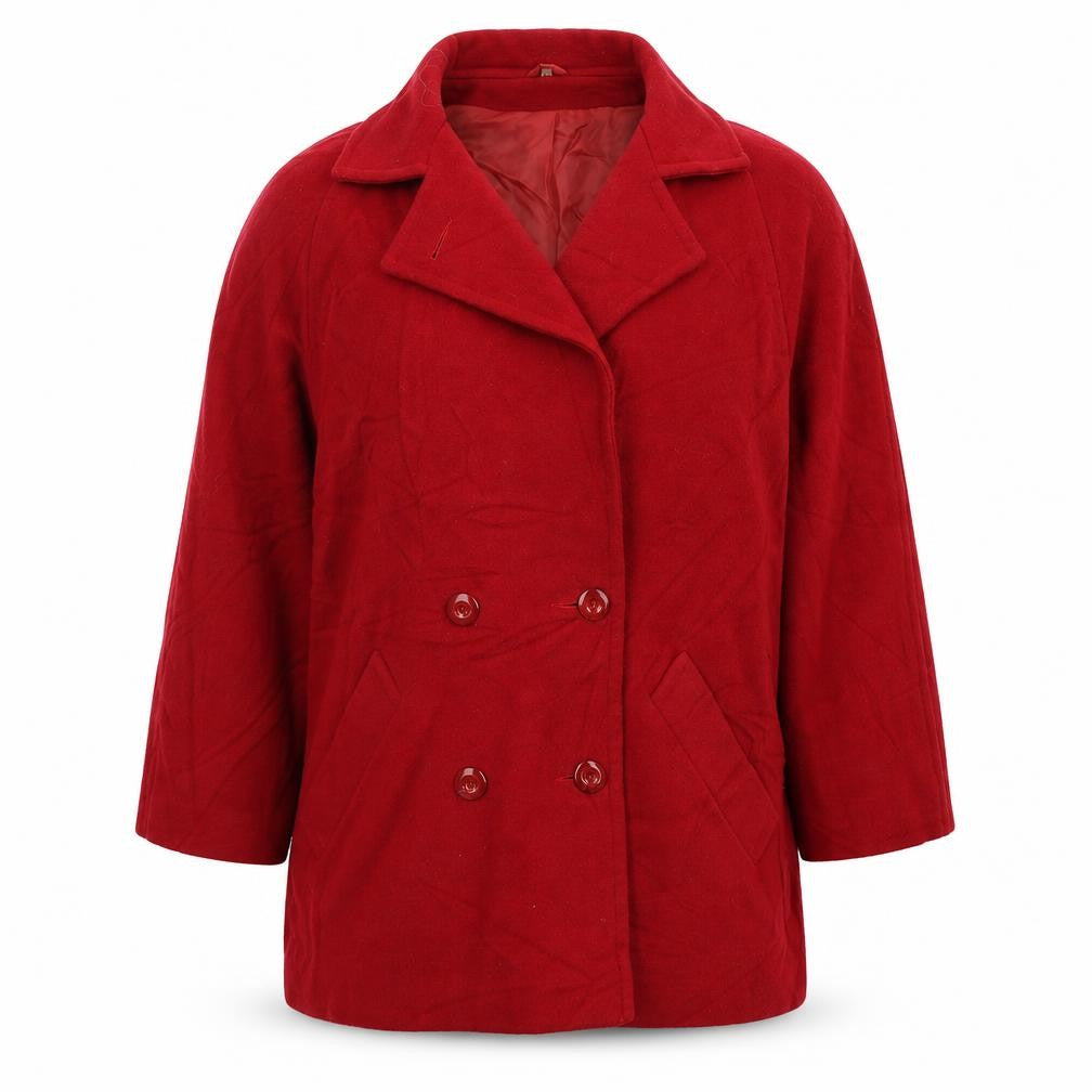 Front view of Noto women’s red knit jacket coat, size UK 14