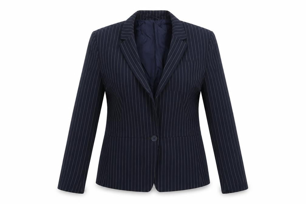 Front view of Marks & Spencer women’s blue striped jacket suit jacket, size UK 14