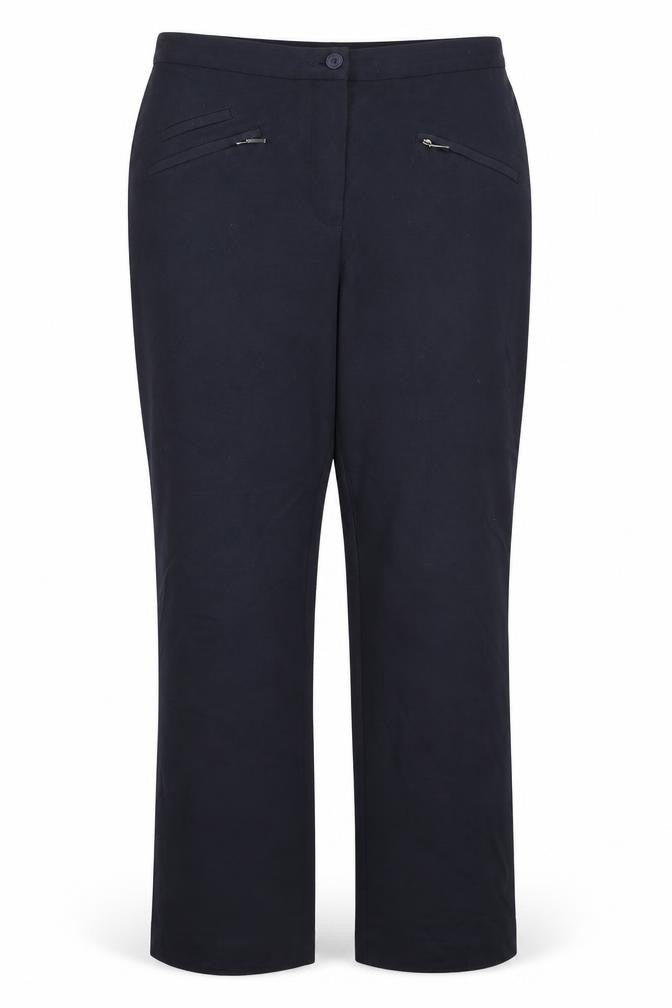 Front view of Marks & Spencer women’s blue trousers, size UK 10, 26-inch leg