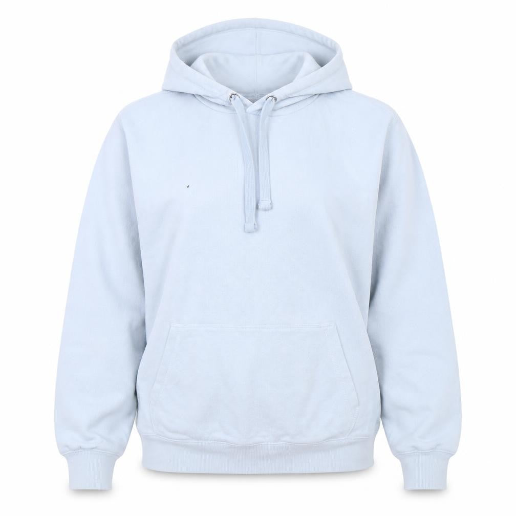 Front view of Spencer women’s blue pullover hoodie, size M