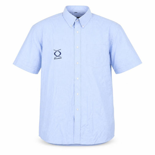 Front view of Russell Collection men’s blue button-up, size 16.5
